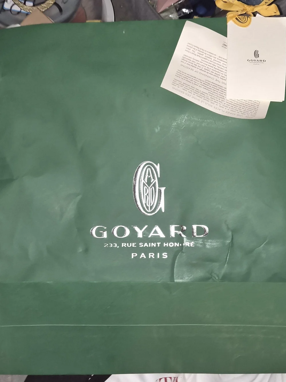 Authentic Goyard XL Green Paper Shopping Bag with Cards Ribbon Tag 23x19.5x6